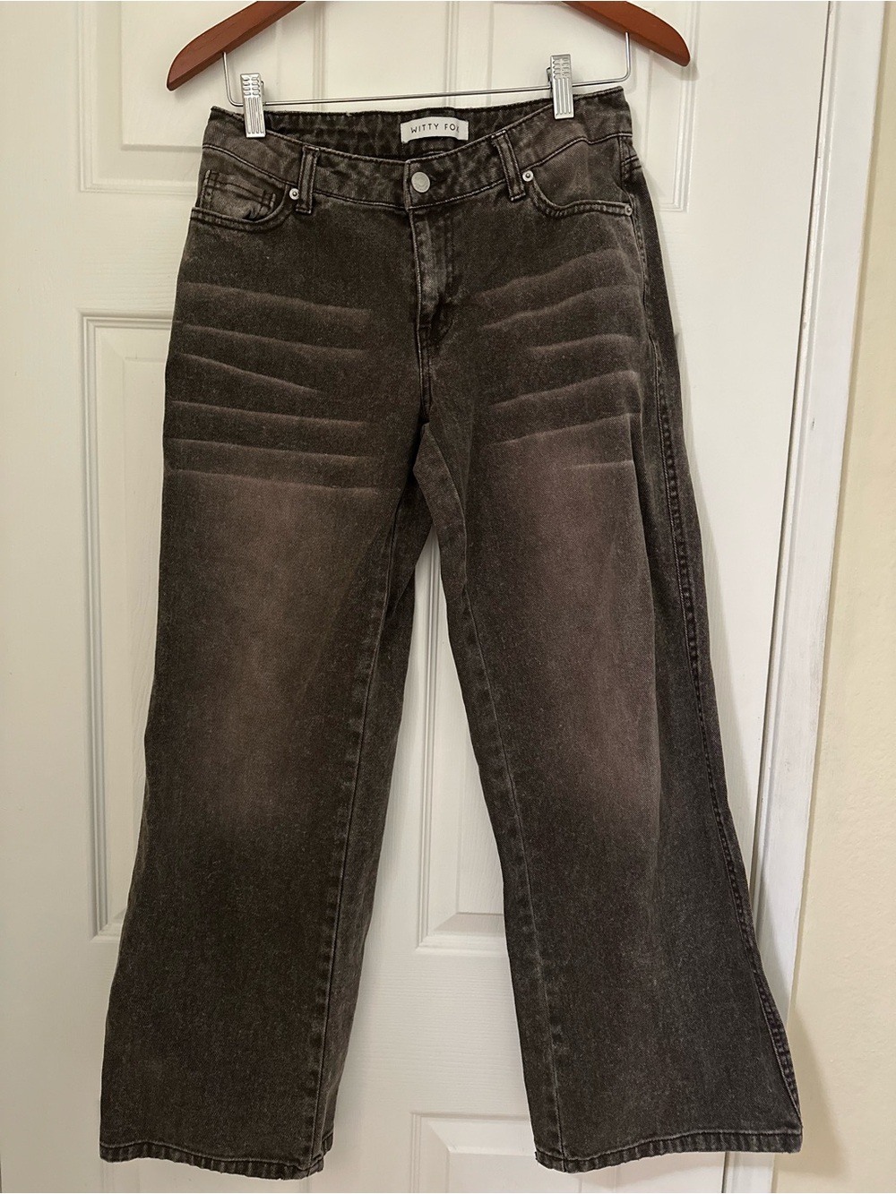 Witty Fox Gray Acid Wash Wide Leg Jeans Whiskered High Rise Sz 5/27 EUC